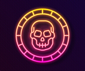 Glowing neon line Pirate coin icon isolated on black background. Vector.
