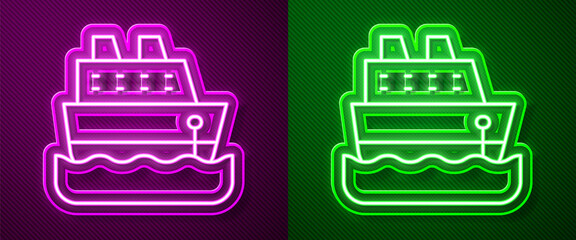 Glowing neon line Cruise ship icon isolated on purple and green background. Travel tourism nautical transport. Voyage passenger ship, cruise liner. Worldwide cruise. Vector.