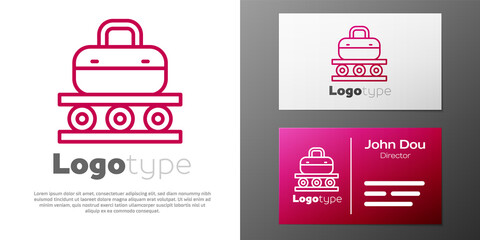 Logotype line Airport conveyor belt with passenger luggage, suitcase, bag, baggage icon isolated on white background. Logo design template element. Vector.