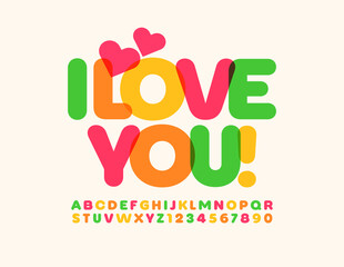 Vector creative card I Love You. Bright artistic Font. Colorful set of Alphabet Letters and Numbers