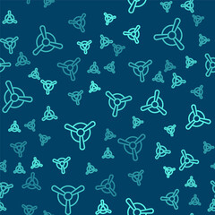 Naklejka na ściany i meble Green line Plane propeller icon isolated seamless pattern on blue background. Vintage aircraft propeller. Vector.