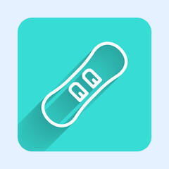 White line Snowboard icon isolated with long shadow. Snowboarding board icon. Extreme sport. Sport equipment. Green square button. Vector.