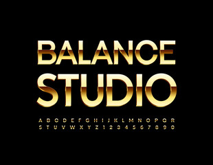Vector elite sign Balance Studio. Shiny luxury Font. Premium Gold Alphabet Letters and Numbers set