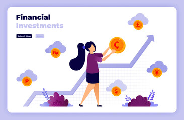 Illustration of financial investment with illustrations of gold coins and charts. designed for landing page, banner, website, web, poster, mobile apps, homepage, social media, flyer, brochure, ui ux