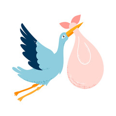 Baby card. The stork is carrying a child. Vector illustration on white isolated background