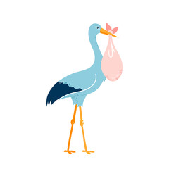 Baby card. The stork is carrying a child. Vector illustration on white isolated background
