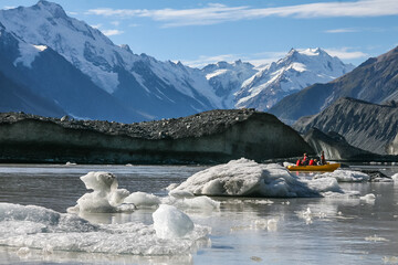 Landscape view of Icebergs in the glacial lake at the foot of the Tasman glacier, Aoraki National Park, New Zealand