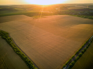 Aerial view over the agricultural fields at sunset