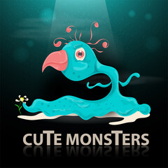 flat illustration cartoon cute monster blue slime creature with bird's beak standing in a beam of light mirror inscription