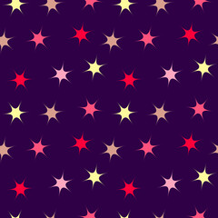 Pattern with stars on a purple background. Vector illustration with abstract shapes. For wrapping paper, fabric, decorative work, scrapbooking. 