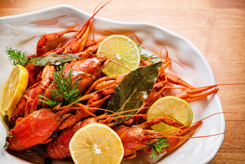 Crayfish. Red boiled crawfishes on table in rustic style