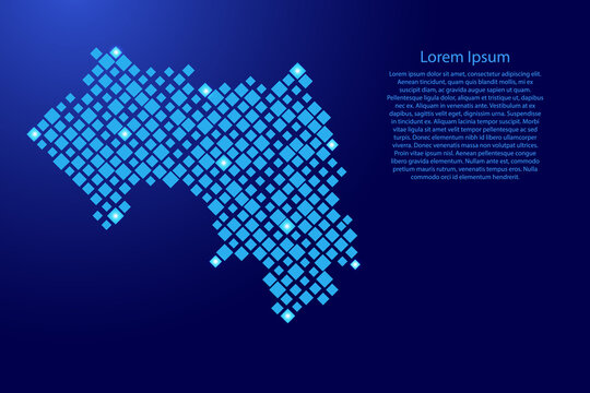 Guinea map from blue pattern rhombuses of different sizes and glowing space stars grid. Vector illustration.