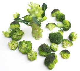 appetizing broccoli inflorescences on a white background