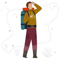 Traveler enjoying with the backpack, hiking hobby concept, Travelers Adventure, Summer Vacation, backpacking trip, or expedition vector Illustration. young camper characters enjoy tourism adventures.