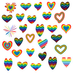 Set of vector hearts of different shapes and styles, bright rainbow colors