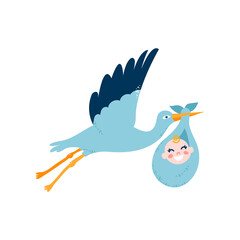 Baby card. The stork is carrying a child. Vector illustration on white isolated background