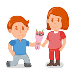 Young lover male give bouquet flower to female character, lovely people couple, standing together cartoon vector illustration, isolated on white.