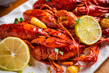 Crayfish. Red boiled crawfishes on table in rustic style