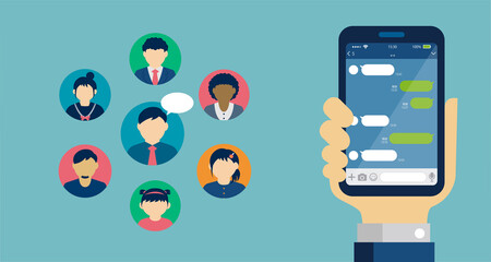 Hand holding smartphone vector banner illustration ( SNS, Chat app motif )