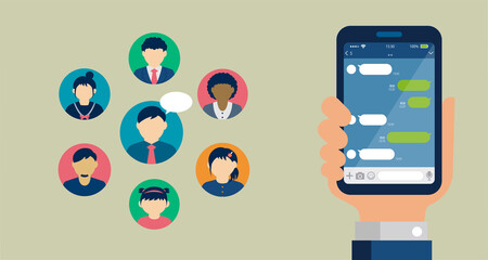 Hand holding smartphone vector banner illustration ( SNS, Chat app motif )