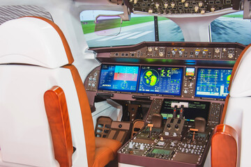 Cockpit of a passenger airliner for simulation and training of future pilots.