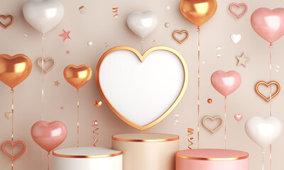 Happy valentines day podium display decoration with heart shape balloon, confetti, 3D rendering illustration