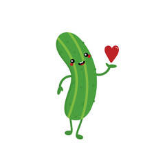 Cute fresh green cartoon style cucumber character holding in hand red heart. Love, appreciation and caring concept.
