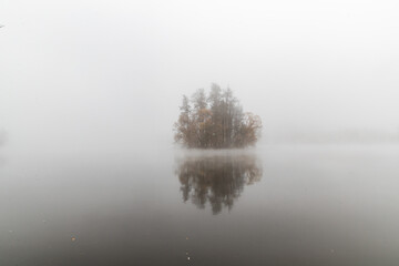 Trees in small island in middle of lake, mist in fall