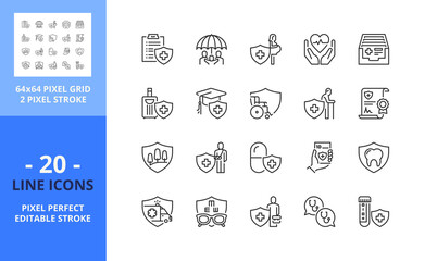 Line icons about health insurance. Health care concept. Pixel perfect 64x64 and editable stroke
