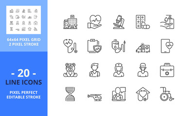 Fototapeta na wymiar Line icons about medical care, Health care concept. Pixel perfect 64x64 and editable stroke