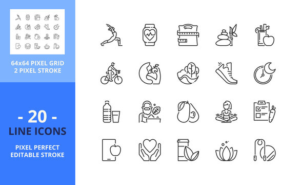 Line icons about healthy lifestyle. Health care concept. Pixel perfect 64x64 and editable stroke