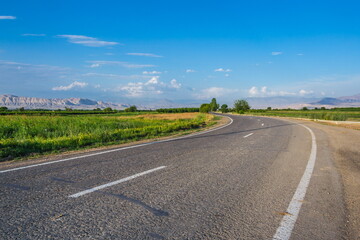 Fototapeta premium road in the middle of blooming green meadows in Armenia