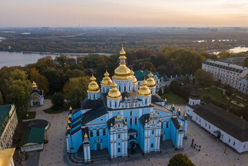 Aerial drone 
panoramic city view. St. Michael's Cathedral in Kiev on a clear autumn morning. View from above. Space for text.