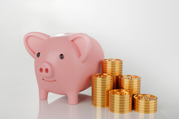 Piggy bank with stack of gold coin, saving or save money concept, 3d render.