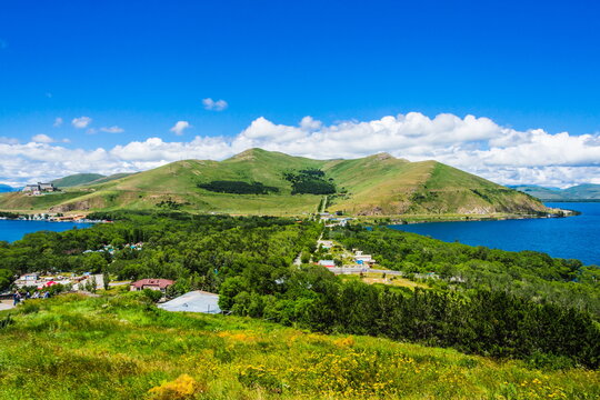 View from Sevanavank (Sevan Monastery)  at the northwestern shore of Lake Sevan in the Gegharkunik Province of Armenia