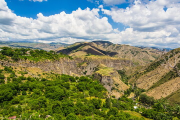 Fototapeta na wymiar View from The Temple of Garni in Armenia, the only standing Greco-Roman colonnaded building in Armenia, the best-known structure and symbol of pre-Christian Armenia.