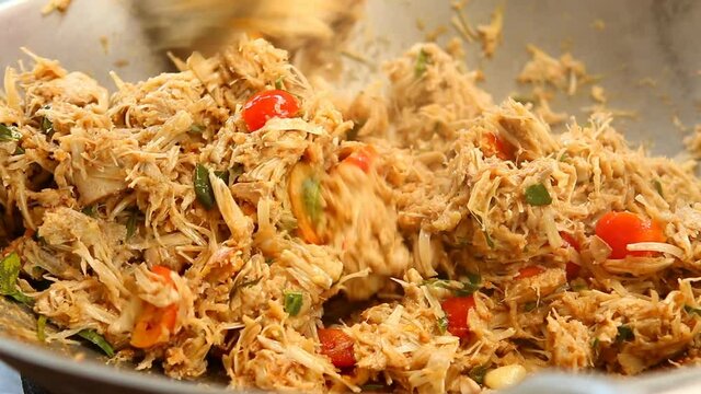 Frying jackfruit with chili paste in pan , Thai northern food.