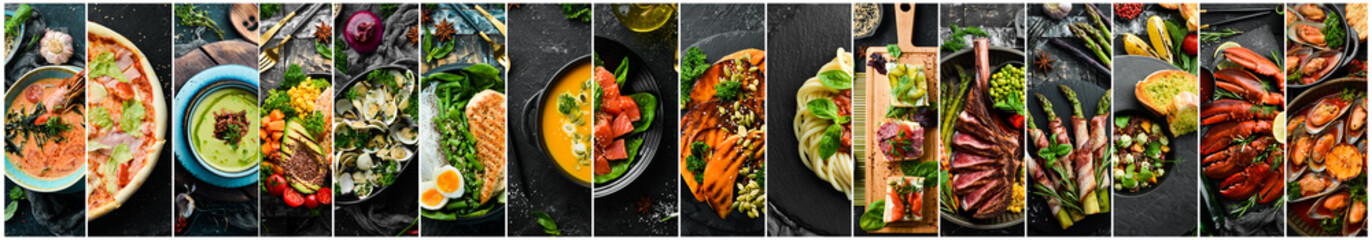 Food. Big photo collage: dishes of meat, fish, vegetables and fruits on a black stone background. Banner.