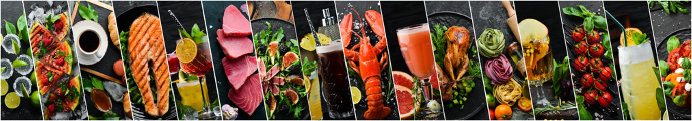 Food and drink. Big photo collage: drinks, cocktails, meat, fish, vegetables and fruits on a black...