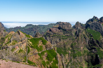 Beautiful panorama view of the landscape in the mountains at Pico do Areeiro with blue sky, Madeira Island