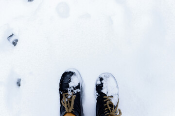 Winter season. Boots and snow. Top view