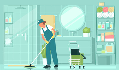 Cleaning service. A woman cleaning lady in uniform washes the floor with a mop in the bathroom.