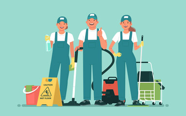 Cleaning service. Team of happy employees with cleaning equipment on an isolated background