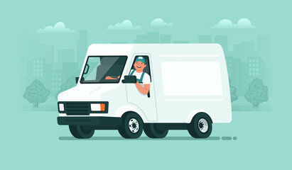 Delivery service. A male driver in uniform rides in a van against the backdrop of the city. Carrier - obrazy, fototapety, plakaty