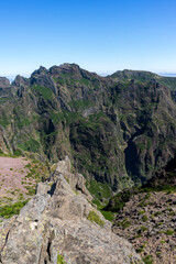 Beautiful panorama view of the landscape in the mountains at Pico do Areeiro with blue sky, Madeira Island