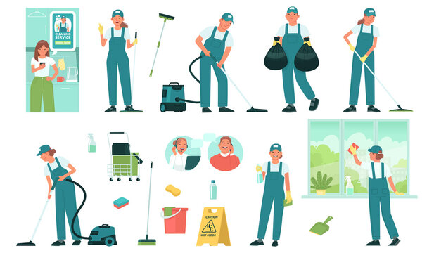 Set of cleaning service employees and equipment and tools for cleaning premises. Cleaning order