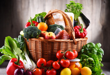 Wicker basket with assorted grocery products