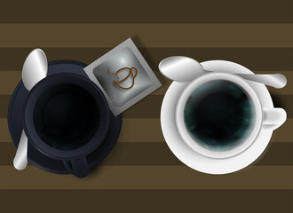 White and black cup with a bag of sugar and a spoon isolated on a striped brown background. Illustration for coffee shop, coffee breaks, web design.