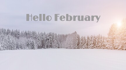 Banner hello February . Winter landscape . Snow and snow trees. Nature. Snow picture. Photo with text. The new month.