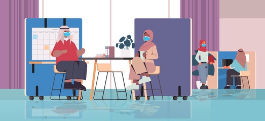 arabic businesspeople in masks working together in creative coworking center coronavirus pandemic teamwork concept modern office interior horizontal full length vector illustration